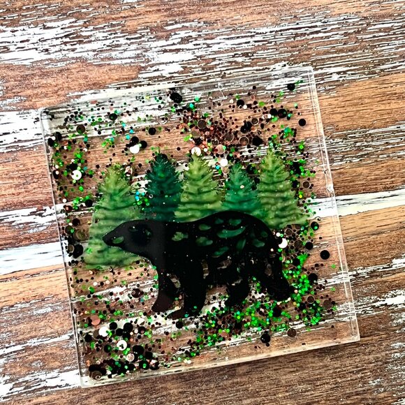 Black Bear Glitter Resin Drink Coasters Set of 4 House Housewarming Gift Kitchen - Picture 2 of 4